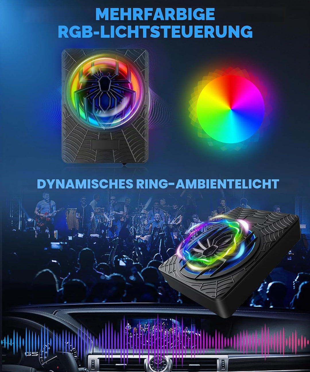 Hodozzy 1200W RGB-Subwoofer, Schlanker Unter-Sitz-Subwoofer für Autos und Verstärker-Paket mit RGB-B