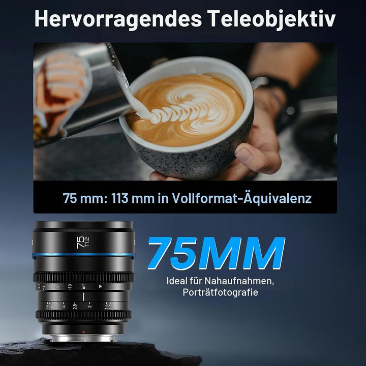 SIRUI Night Walker 75 mm T1.2 S35 Teleobjektiv Cine Objektiv, grosse Blende, manueller Fokus, MS75M-