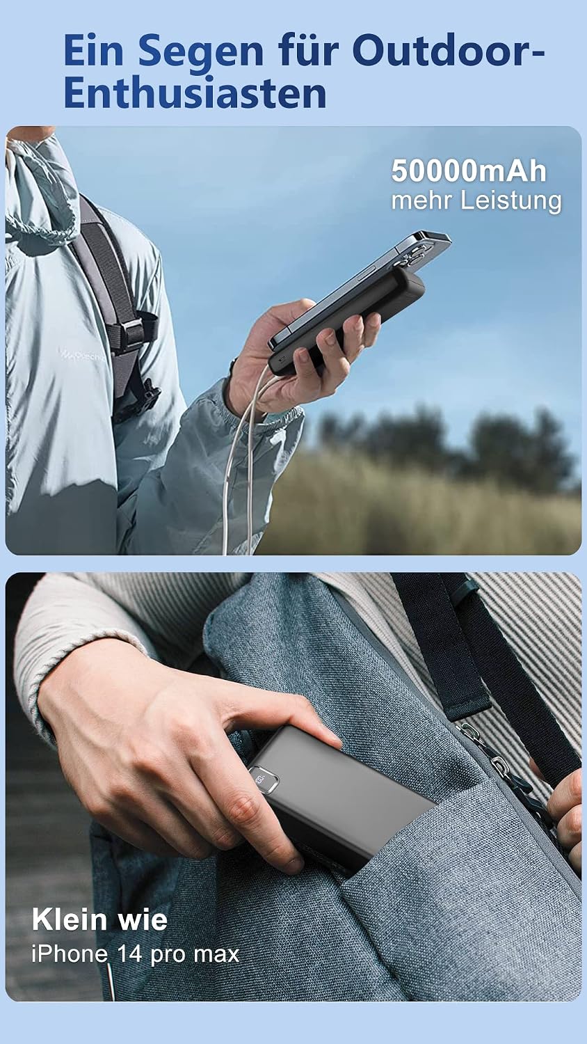 Powerbank 50000mAh, 22.5W Power Bank Schnellladung | 4 Ausgänge &amp; 2 Eingänge, Grosse Kapazität, Trag
