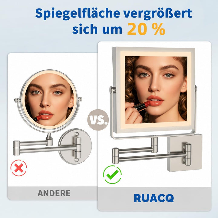 Ruacq Wiederaufladbarer Wand-Make-up-Spiegel mit Lichtern, doppelseitig, 1 x / 10-fache Vergrösserun