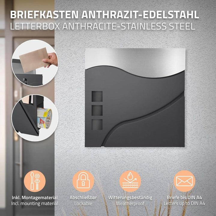 ECD Germany Standbriefkasten mit Zeitungsfach, Design Briefkasten mit Pfosten, Briefkastenständer An