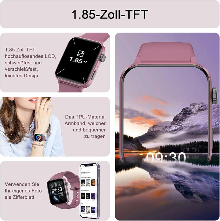 IOWODO Smartwatch Damen Herren 1,85 Zoll Uhren Fitnessuhr Sportuhr mit Schrittzähler Herzfrequenzmon