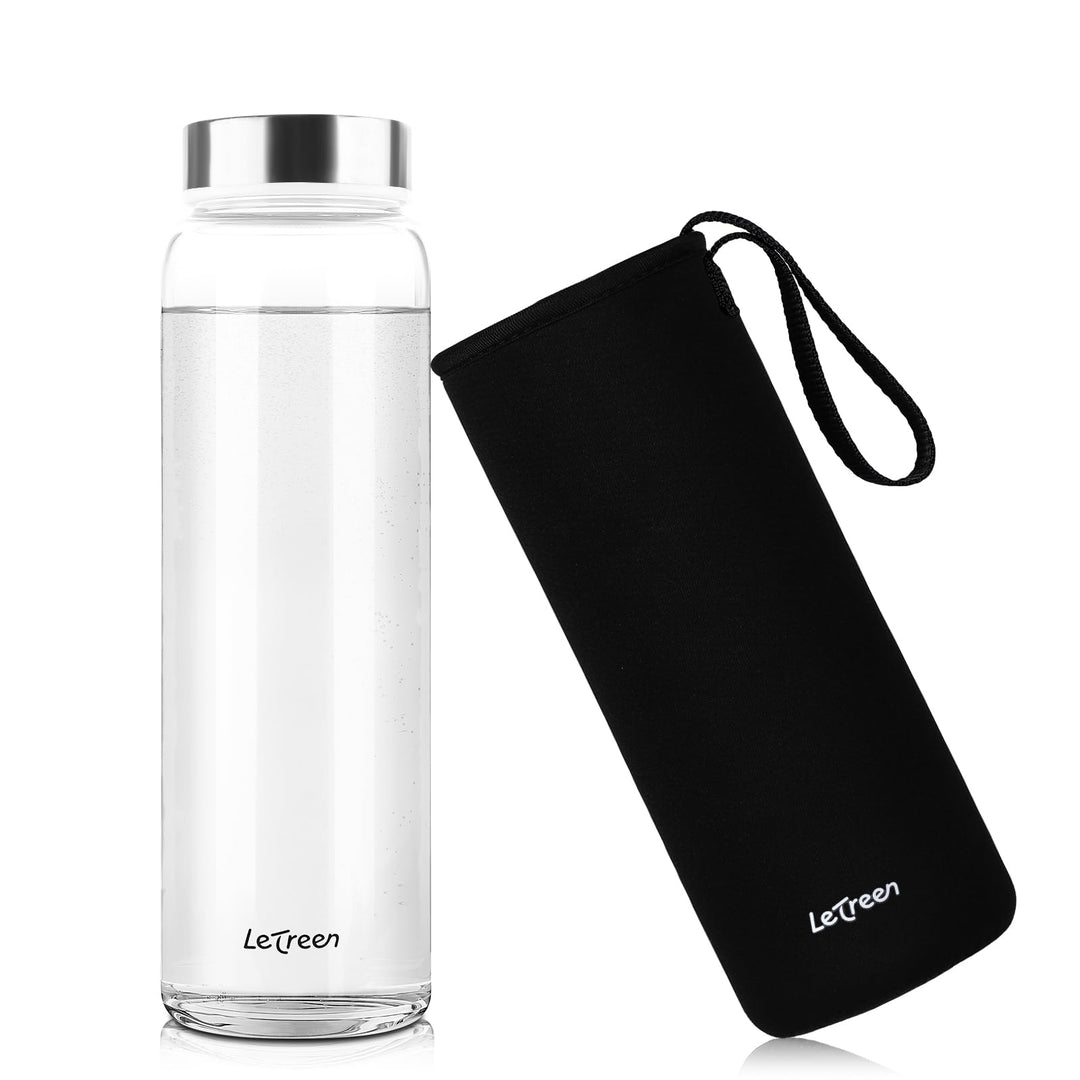Glasflasche 1 Liter mit Schutzhülle, Weite Öffnung Wasserflasche 1L Glas mit Spülmaschinenfest 1000m