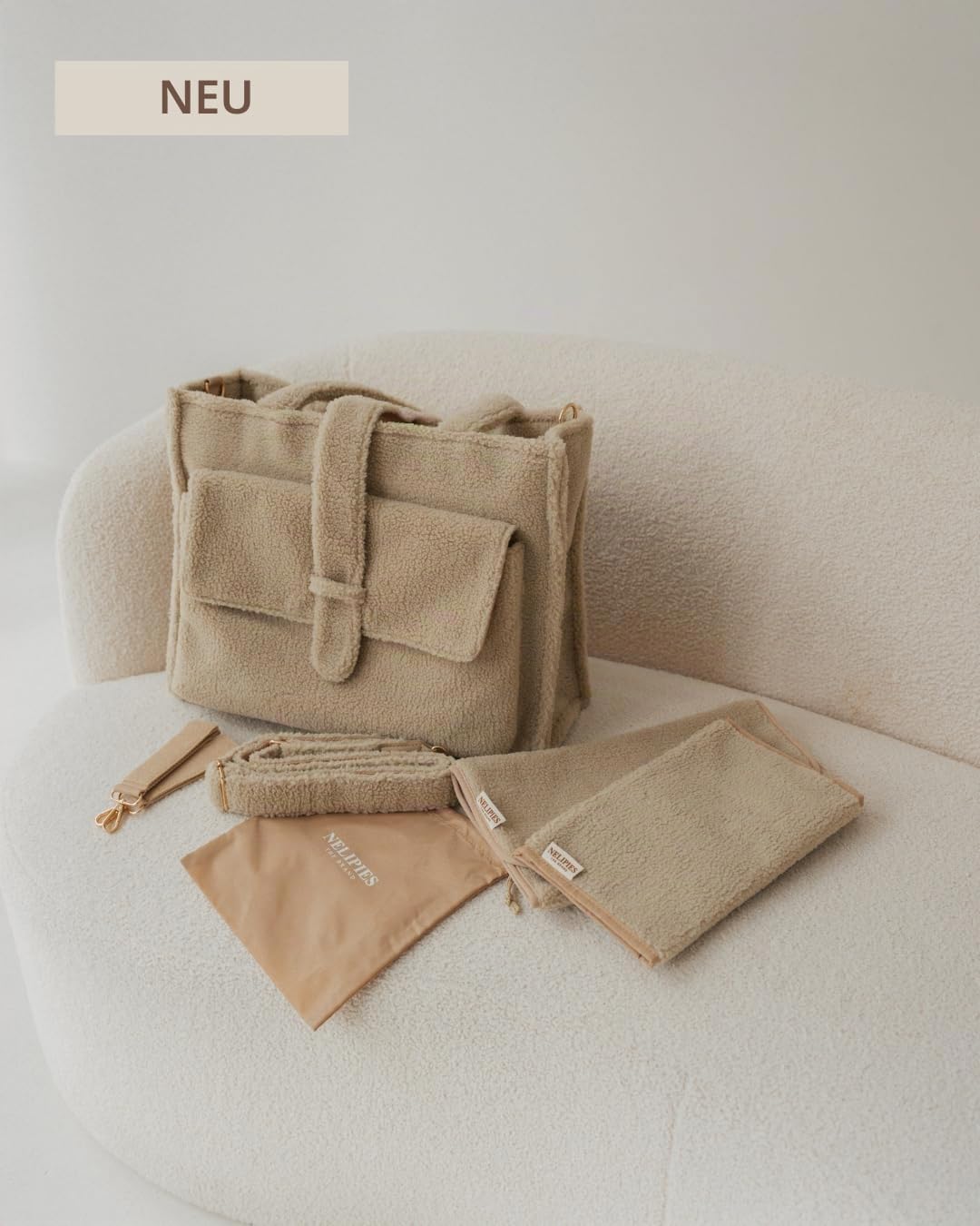 The Brand Wickeltasche Teddy Mom Bag Beige mit Wickelunterlage, Flaschenhalter, Kinderwagenbefestigu