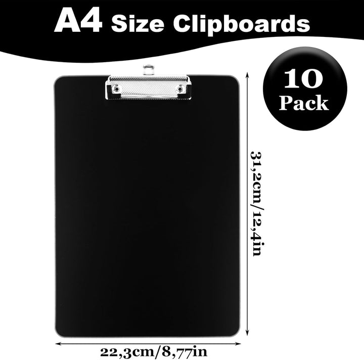 10er A4 Klemmbrett mit Klemmen, Clipboard A4, Schwarz Klemmbretter mit Loch, Schreibbrett für Geschä