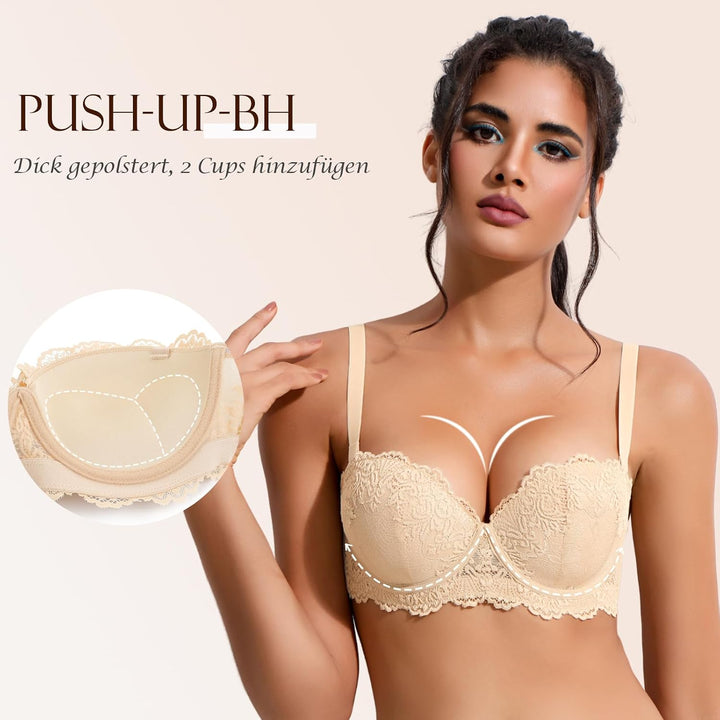 YANDW Trägerloser Stark Gepolsterter Push Up Spitzen BH mit Multiway Transparenten Trägern Trägerlos