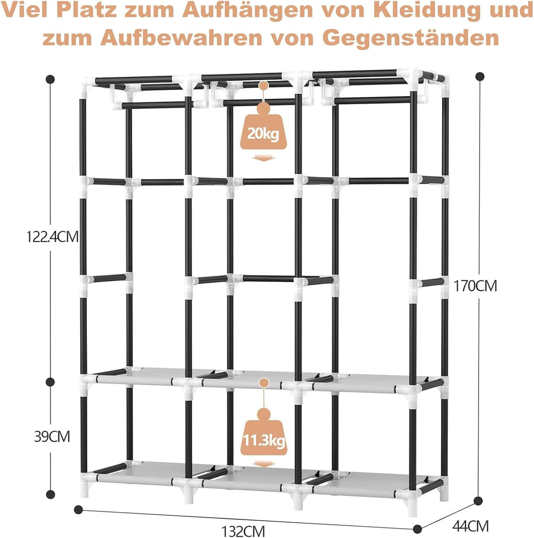 Kleiderschrank, Stoffschrank, Kleiderschränke mit Abdeckung, 3 Kleiderstangen, 6 Ablageflächen und S
