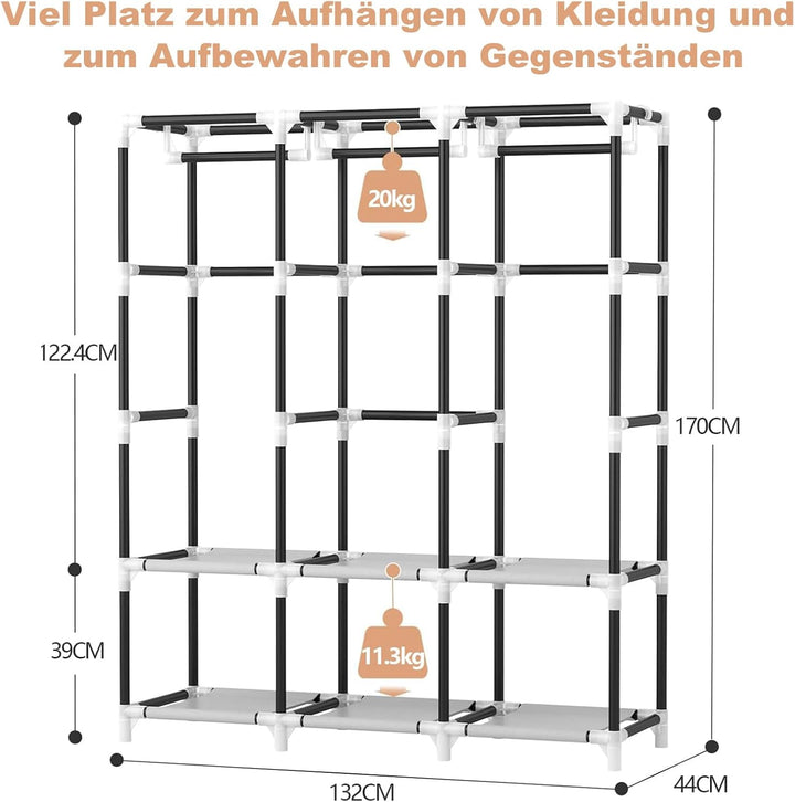 Kleiderschrank, Stoffschrank, Kleiderschränke mit Abdeckung, 3 Kleiderstangen, 6 Ablageflächen und S