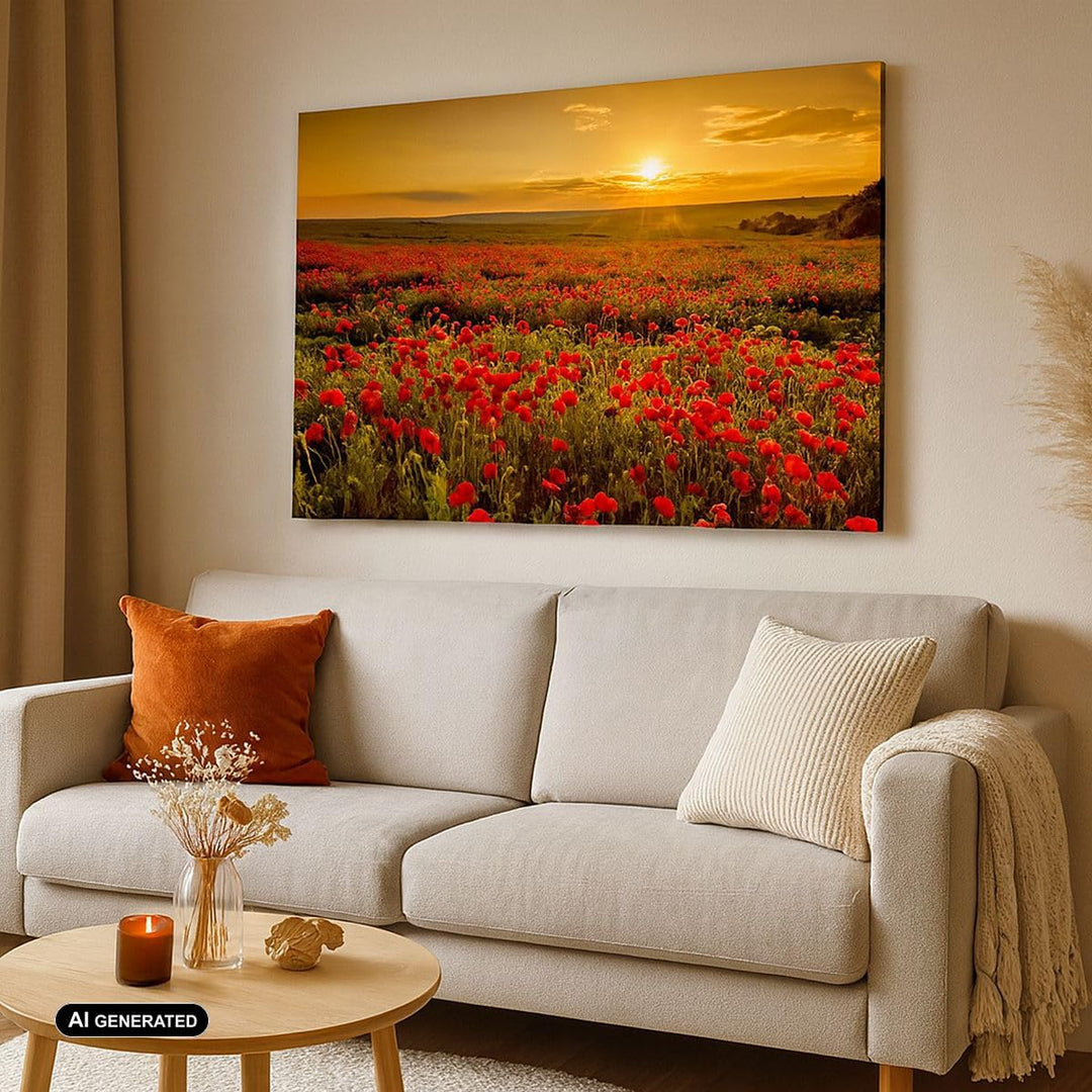 Bilder auf Leinwand 100x70cm Leinwandbild mit Rahmen Mohn Blume Wiese Gross Wanddeko Bild Schlafzimm