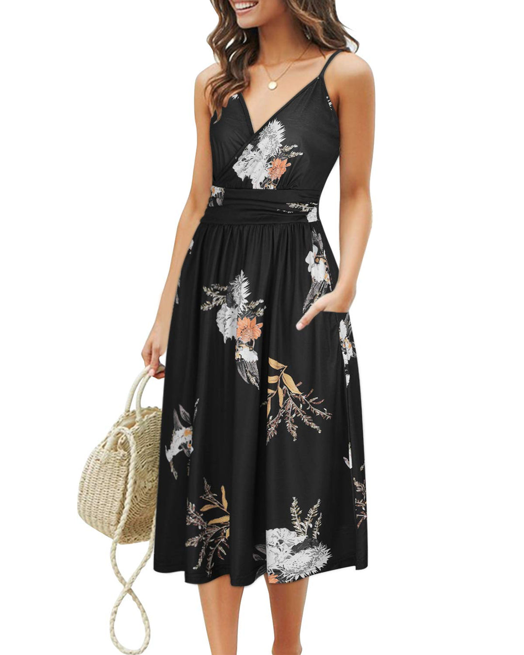 OUGES Sommerkleid Damen Knielang Kleider Sommer Spaghettiträger V-Ausschnitt Kleid Midikleid mit Tas