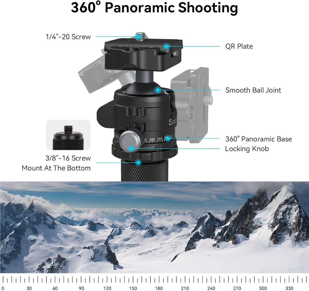 SMALLRIG Leichtes, kompaktes Kohlefaser-Stativ mit abnehmbarem Einbeinstativ, 360°-Kugelkopf mit Sch