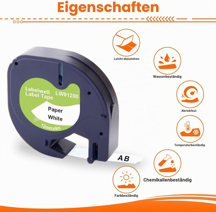 Labelwell 10x Kompatibel für Dymo LetraTag Papier Schriftband 12mm x 4m 91220 91200 Etikettenband Sc