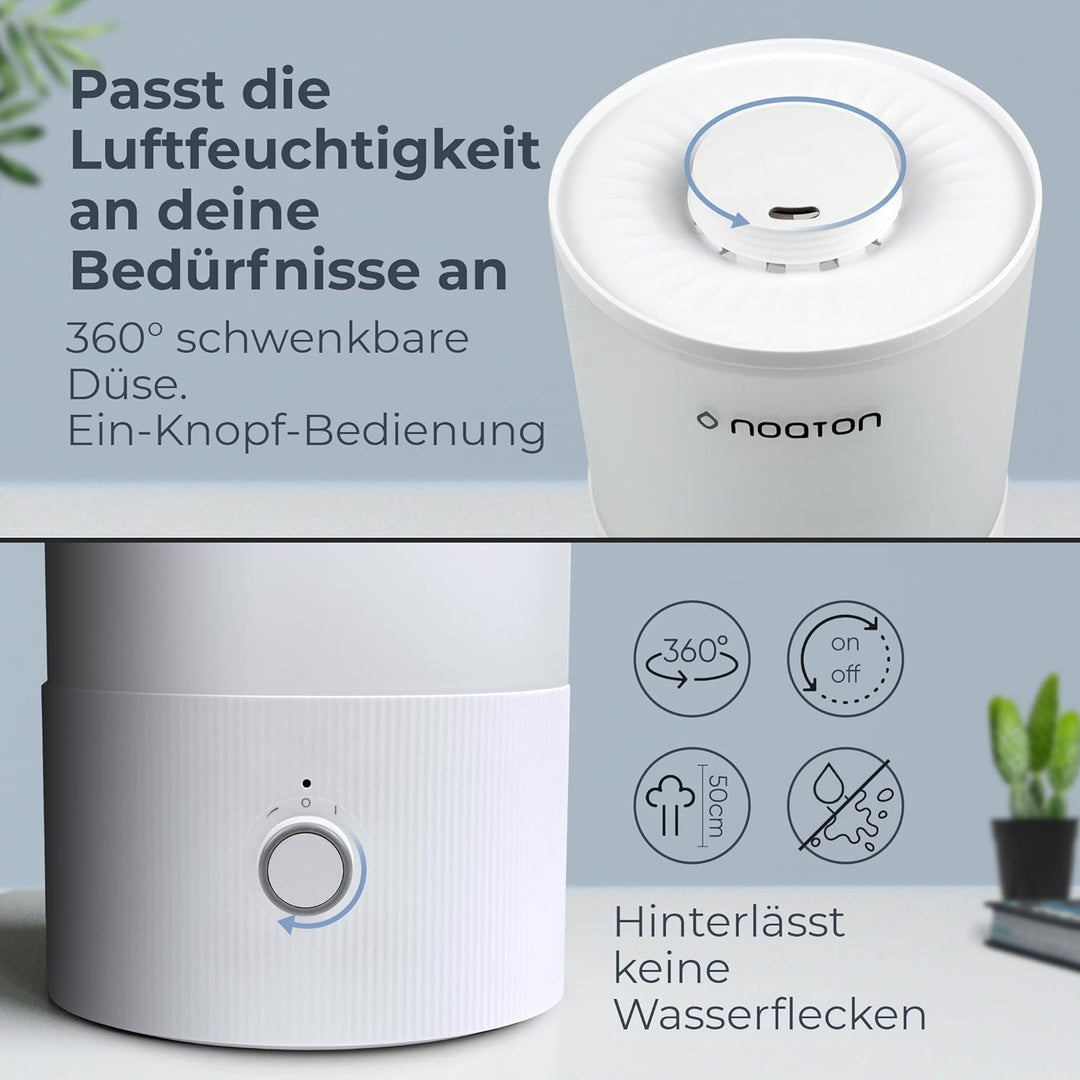Noaton Essential Luftbefeuchter, 2 ätherische Öle inklusive, 3,3L Top-fill, 33H Laufzeit, 7-Farben-N