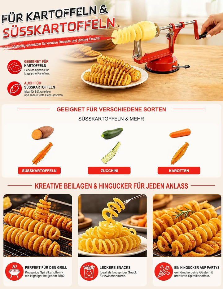 Kartoffelspiralschneider Edelstahl Manuell – Spiralschneider Kartoffel mit Saugnapf, Kartoffelschnei