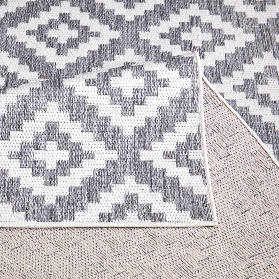 payé Outdoor Teppich Rund - 160x160cm - Wetterfest - Grau Weiss - Bordüre - Teppiche für Terrasse Ba