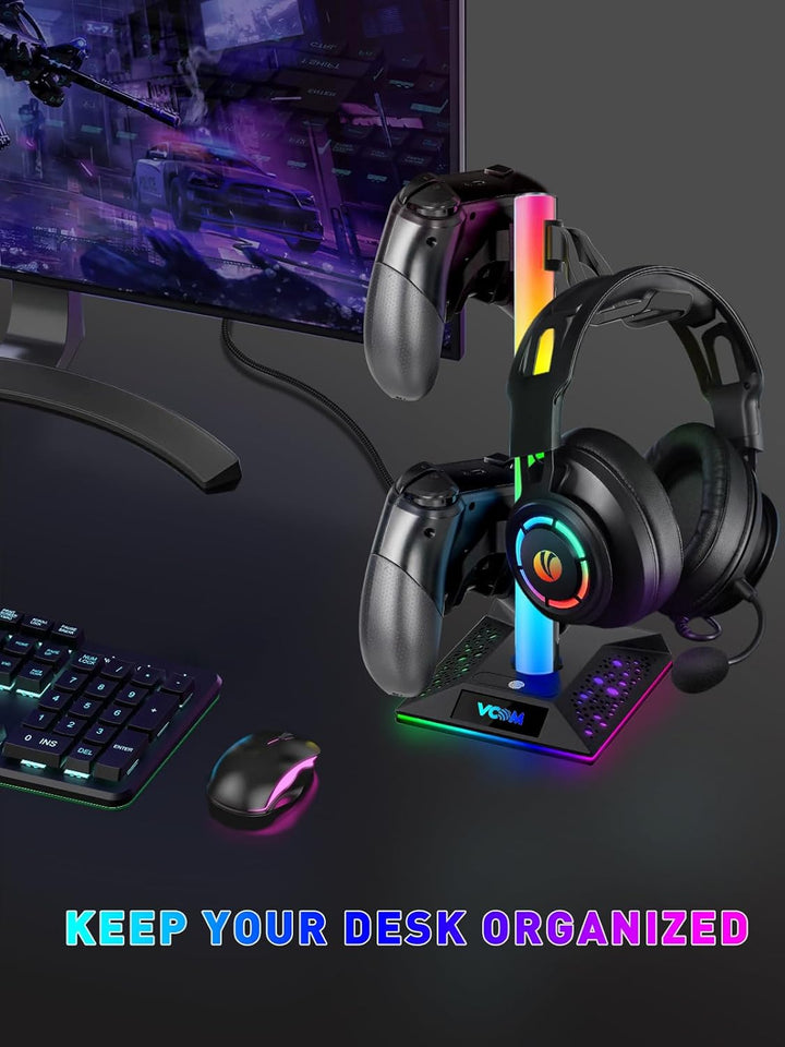VCOM RGB Gaming Kopfhörer Ständer mit 10-Licht Modi, Controller Halter mit 2 USB Ports, PC Gaming Zu