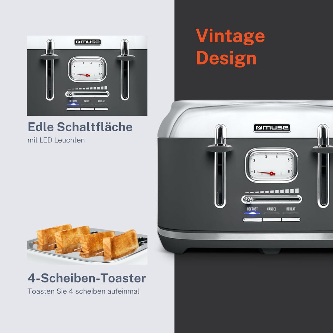 Muse Edelstahl-Toaster im grauen Retro Design, analoge Anzeige, beleuchtete Tasten, 6 Bräunungsstufe