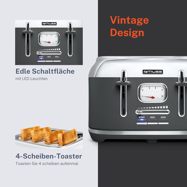 Muse Edelstahl-Toaster im grauen Retro Design, analoge Anzeige, beleuchtete Tasten, 6 Bräunungsstufe