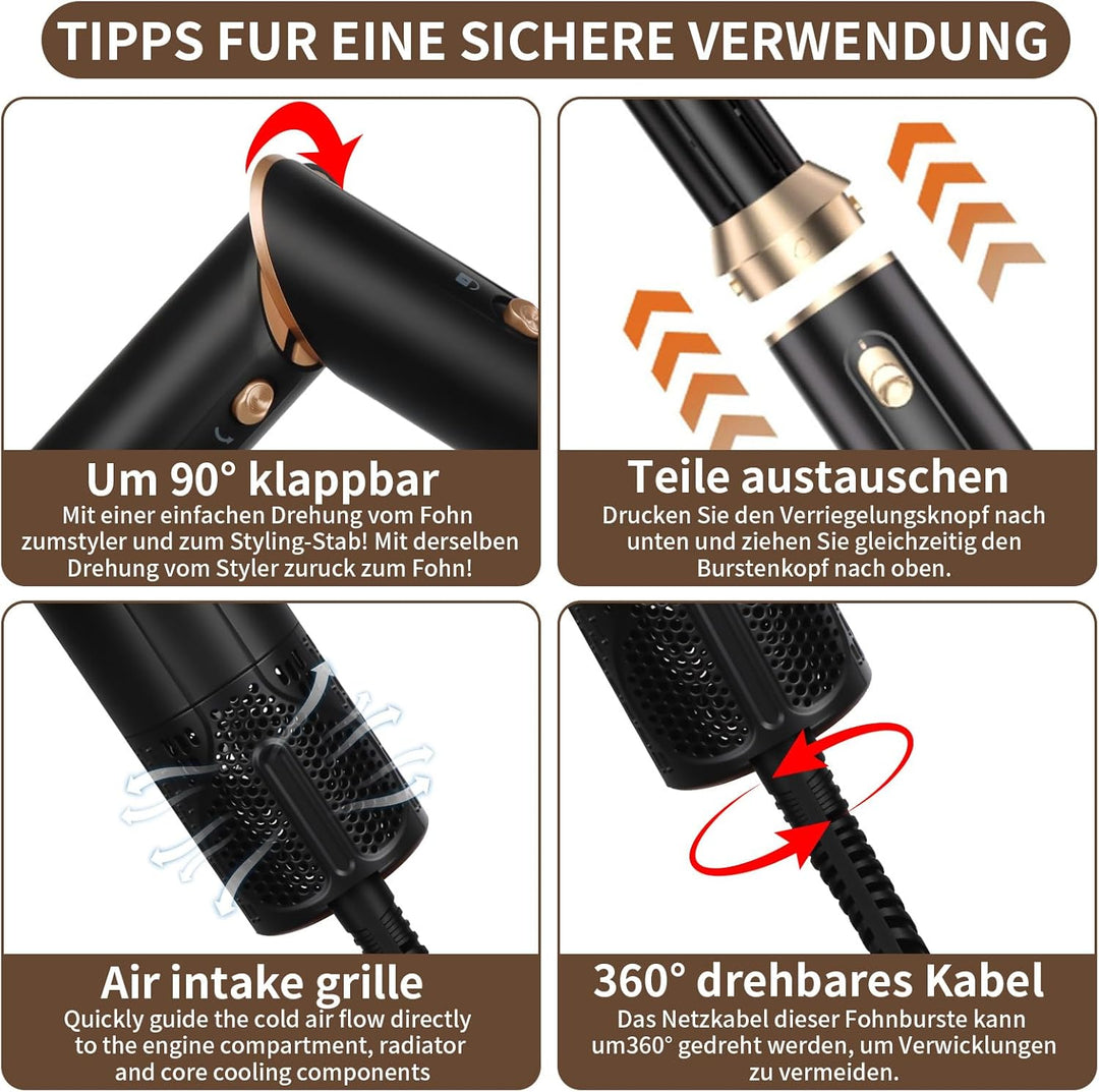 6 in 1 Hairstyler, Professioneller Föhnbürste Haarstyler, Hair Styler Set mit Auto Luft Links/Rechts