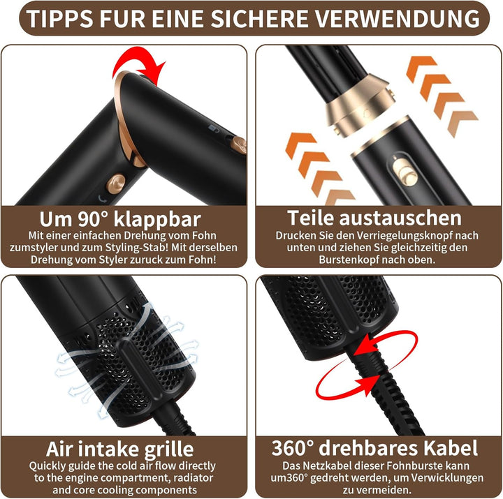 6 in 1 Hairstyler, Professioneller Föhnbürste Haarstyler, Hair Styler Set mit Auto Luft Links/Rechts