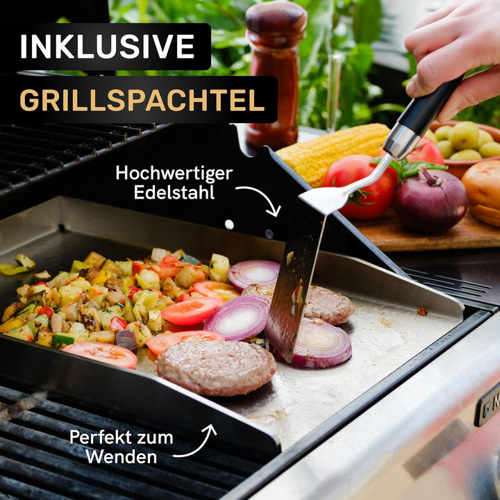 AMZBBQ® Premium Plancha Set - 40 x 30 cm - Grillplatte für Gas- & Kohlegrill - 4,8 mm massiver Edels