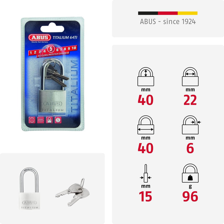 ABUS Vorhängeschloss Titalium 64TI/40HB40 mit hohem Bügel - Kellerschloss mit Schlosskörper aus Spez