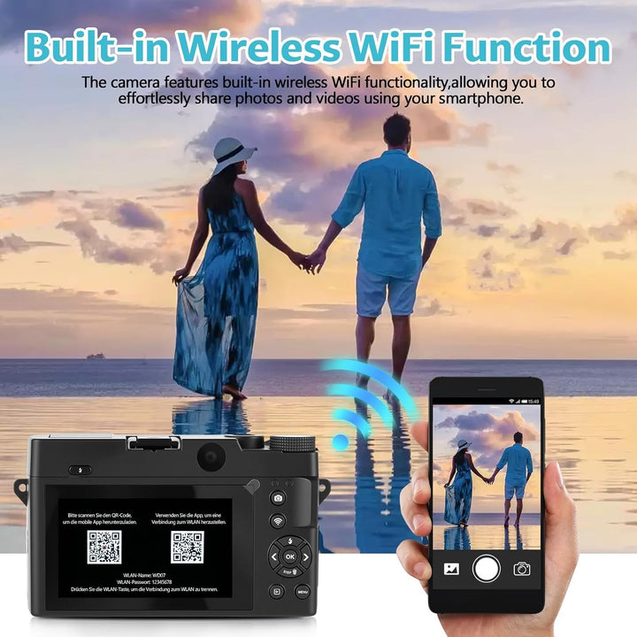 4K 75MP Digitalkamera mit WLAN, 3 Zoll LCD-Bildschirm Fotokamera mit 18X Zoom, Front und Rückobjekti