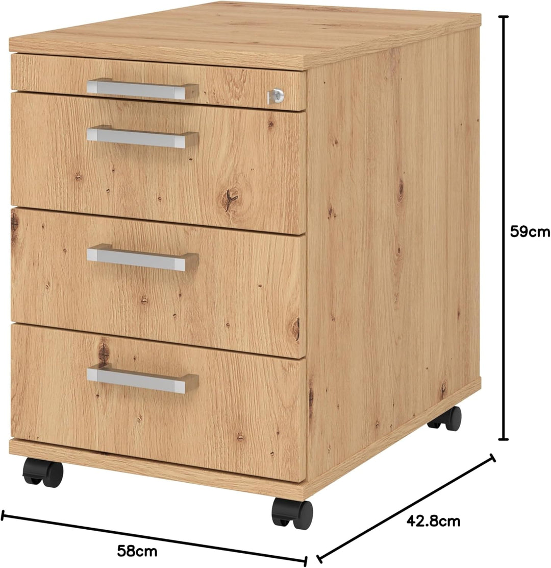 bümö Rollcontainer mit Schubladen, Container abschliessbar aus Holz in Asteiche - Rollwagen für's Bü