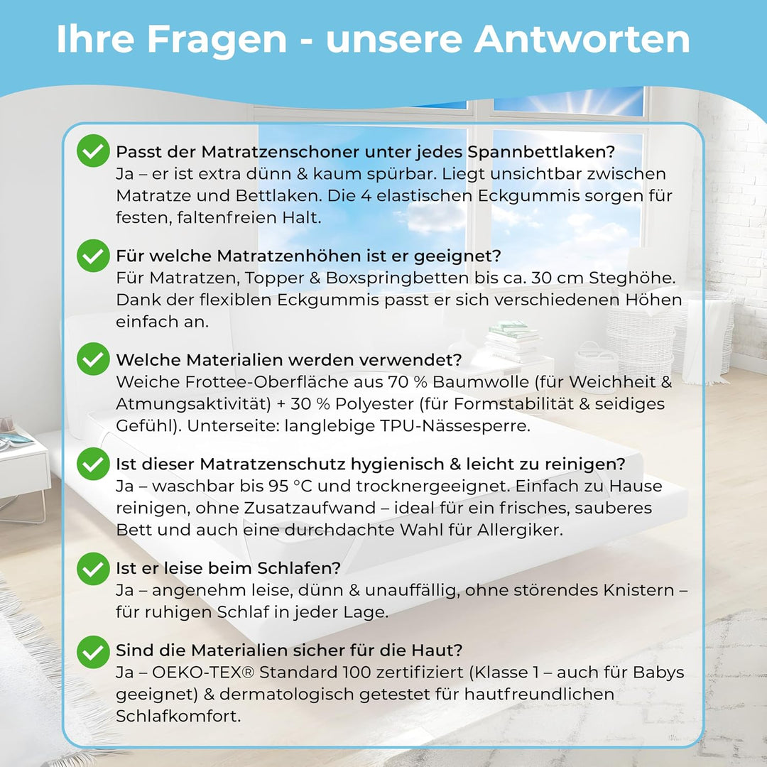 Rosenkern Matratzenschoner 200x200 Wasserdicht - [Dermatologisch getestet] - Dünne Matratzenauflage