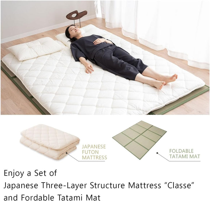 EMOOR Japanische Futon Matratze CLASSE 140 x 200 cm und Faltbare Tatami Matte (Igusa Matratze) Set,