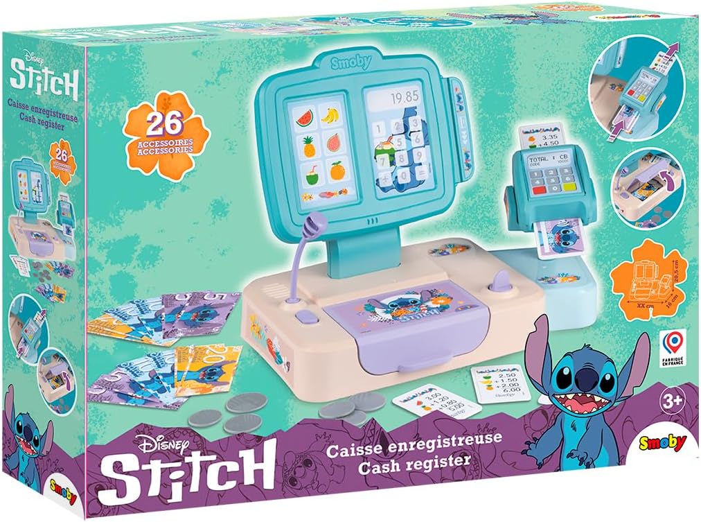 Smoby – Stitch Supermarktkasse mit Mikrofon & Kartenleser – Kasse mit Geld, Karte & Zubehör – Rollen