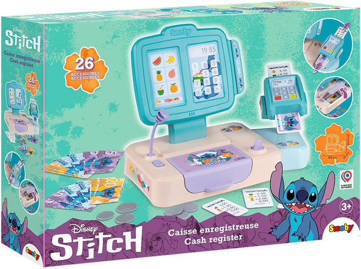 Smoby – Stitch Supermarktkasse mit Mikrofon & Kartenleser – Kasse mit Geld, Karte & Zubehör – Rollen