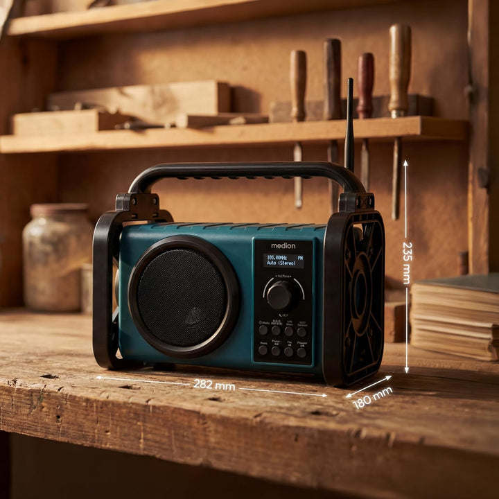 MEDION E66877 DAB+ Baustellenradio (Robustes Gehäuse, Spritzwassergeschützt (IP44), Bluetooth 5.0, P