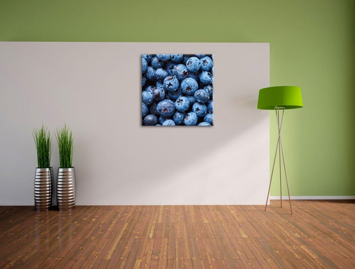 Pixxprint Blaubeeren mit Wassertropfen als Leinwandbild/Grösse: 70x70 cm/Wandbild/Kunstdruck/fertig