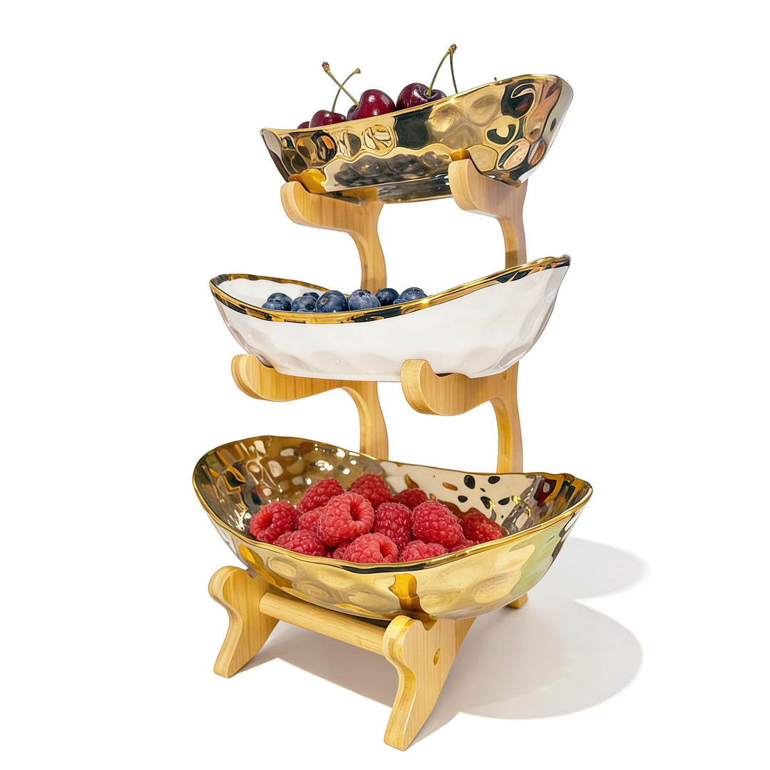 Dreistöckiges Obstregal, Obstschale, Keramik, Bambusfuss. Moderne Obstschale für die Küche zum Präse