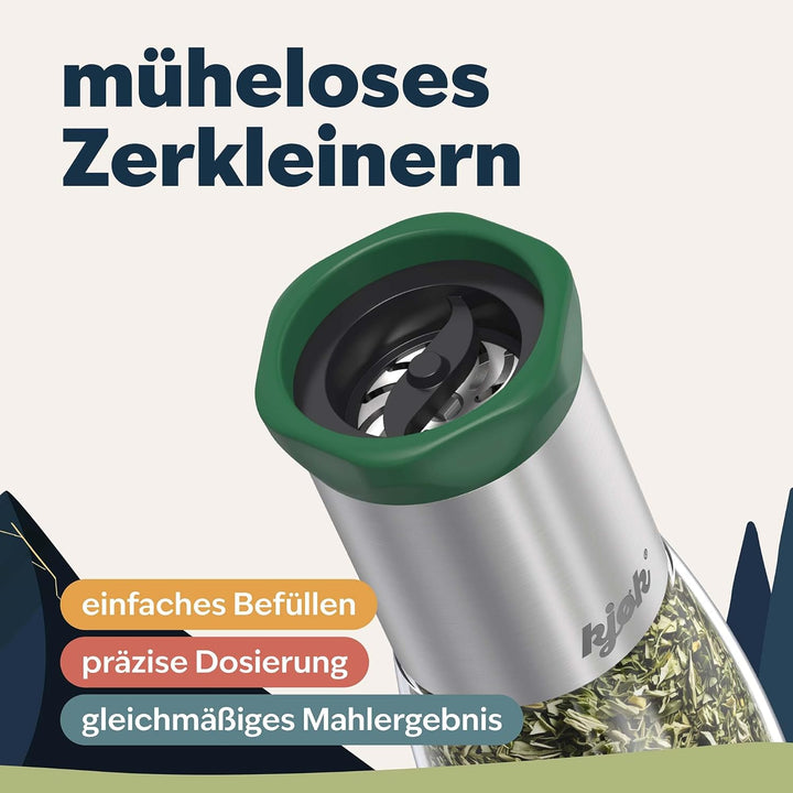 kjøk Premium Gewürzmühle aus Edelstahl & Glas Manuelle Chilimühle Kräutermühle mit Stahl Schneidwerk