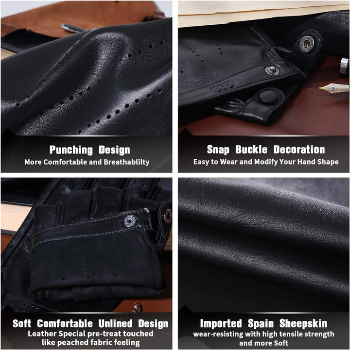 GSG Fingerlose Lederhandschuhe Damen aus echtem Leder Ungefütterte Halbfinger-Fahrhandschuhe aus Sch