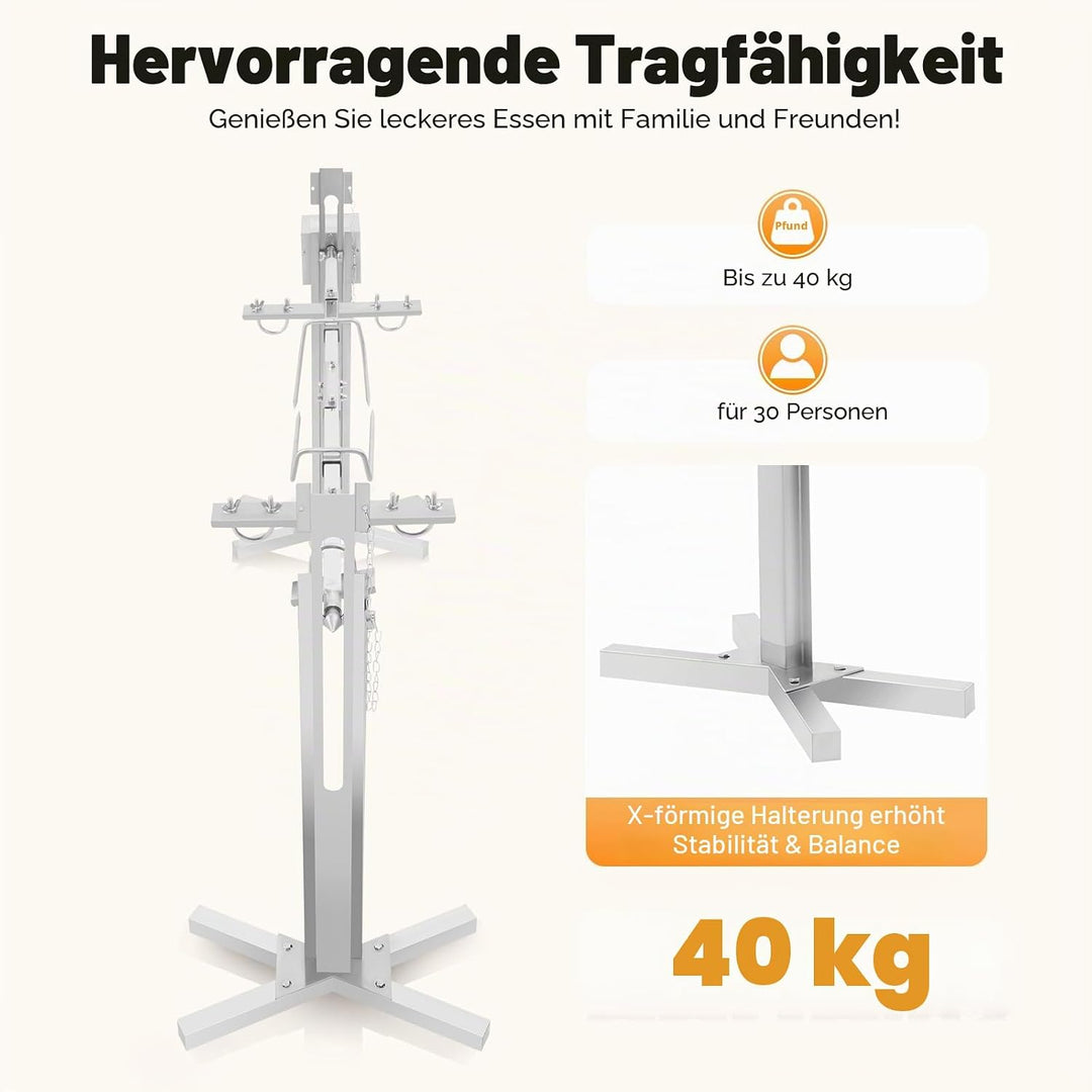 Edelstahl Spanferkelgrill, Höhenverstellbar Grillspiess mit 15W Motor, Elektro Spiessbratengrill mit