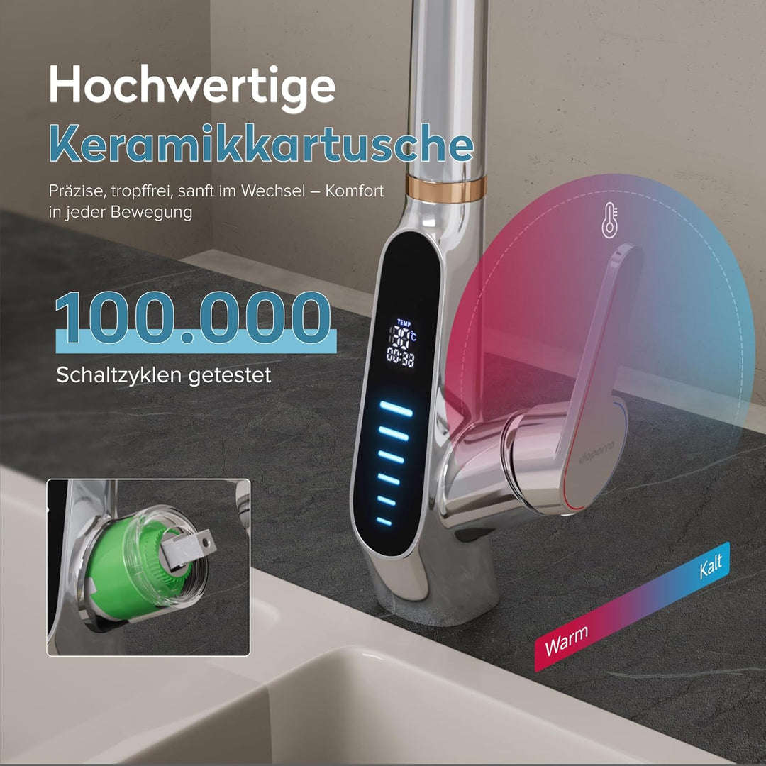 doporro Wasserhahn Küche Silber mit LED Temperaturanzeige, Küchenarmatur Ausziehbar, Hochdruck Misch
