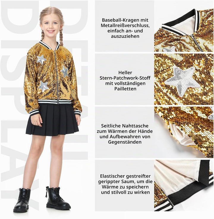 LOLANTA Mädchen Pailletten Bomberjacke mit Taschen Reissverschluss Langarm Glitzer Baseball Jacken f