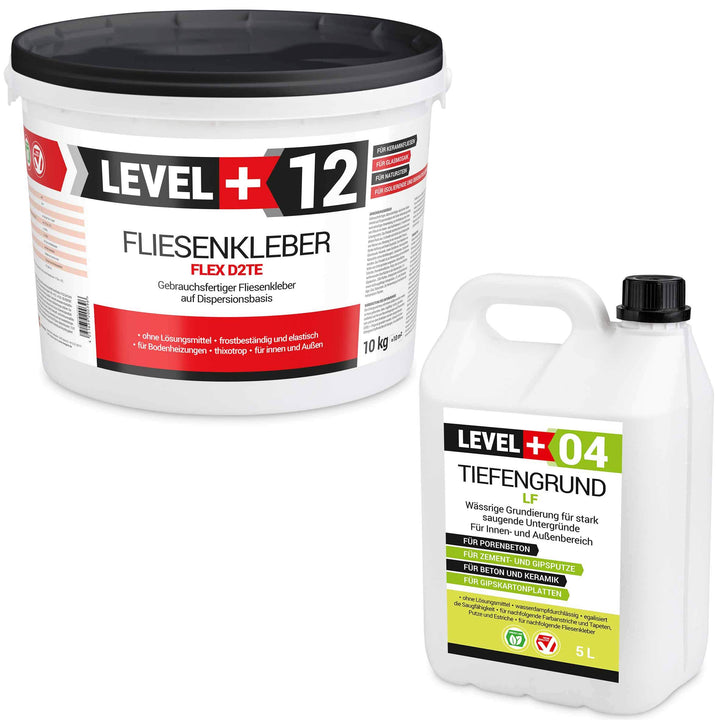 Set 10Kg Weiss Fertig Fliesenkleber Flexkleber + 5L Tiefengrund LF, LEVEL+ SET206