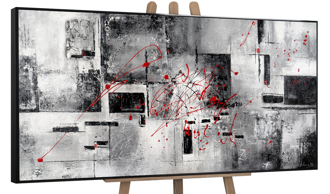 YS-Art XXL Abstrakt Acryl Gemälde auf Leinwand Courage handgemalt Wandbilder schwarz weiss grau rot