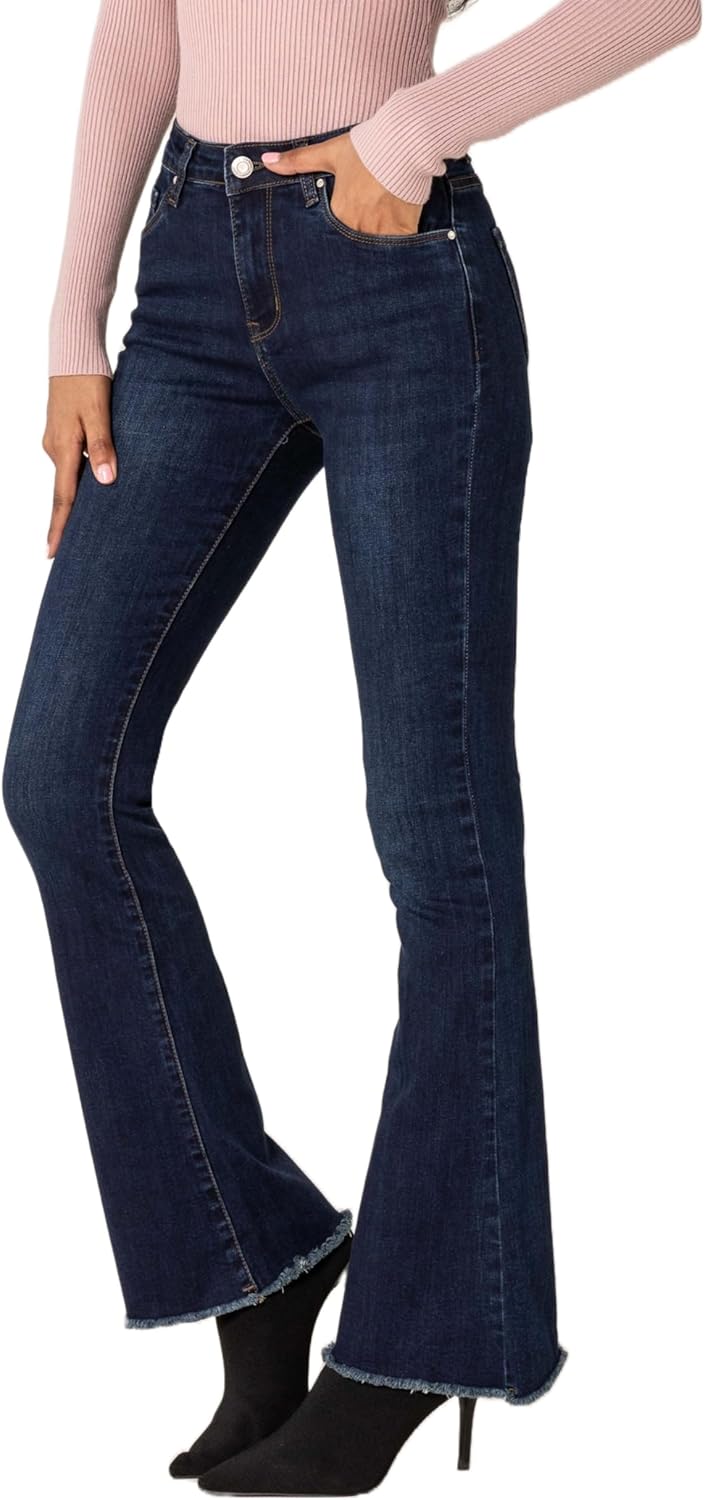 Nina Carter Damen Bootcut Jeans im Retro-Stil Mid Waist Stretchjeans Jeanshosen Used-Look Schlaghose