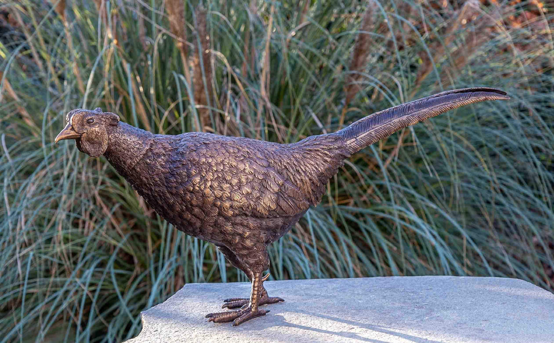 IDYL Bronze-Skulptur Fasan | 34x18x75 cm | Tierfigur aus Bronze handgefertigt | Gartenskulptur oder