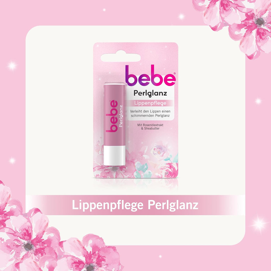bebe Perlglanz Lippenpflege, Lippenpflegestift mit Rosenölextrakt und Sheabutter, verleiht den Lippe