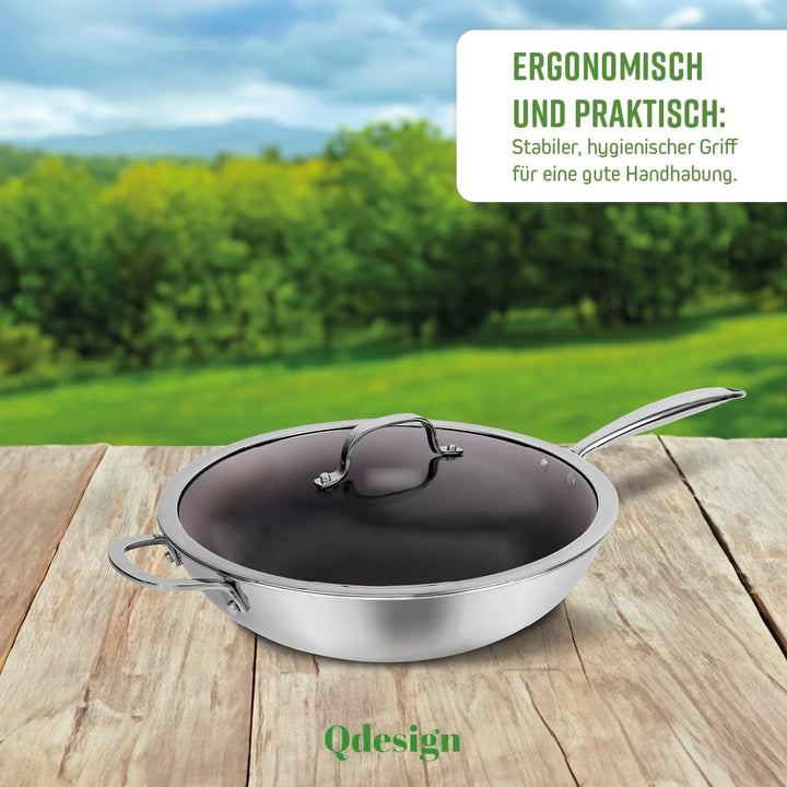 Qdesign - Dreischichtige Wok-Pfanne - Edelstahl mit Antihaftbeschichtung - Induktionsboden - Gesunde