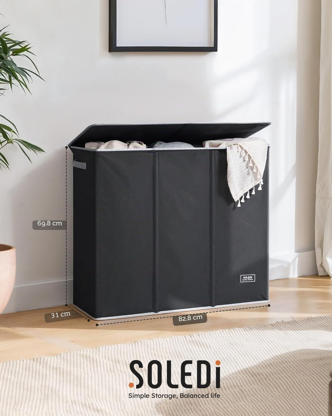 SOLEDI 180L Wäschekorb, Wäschesammler mit Deckel, 3 Fächer und 3 Wäschesack - Grosser XXXL Wäschesor