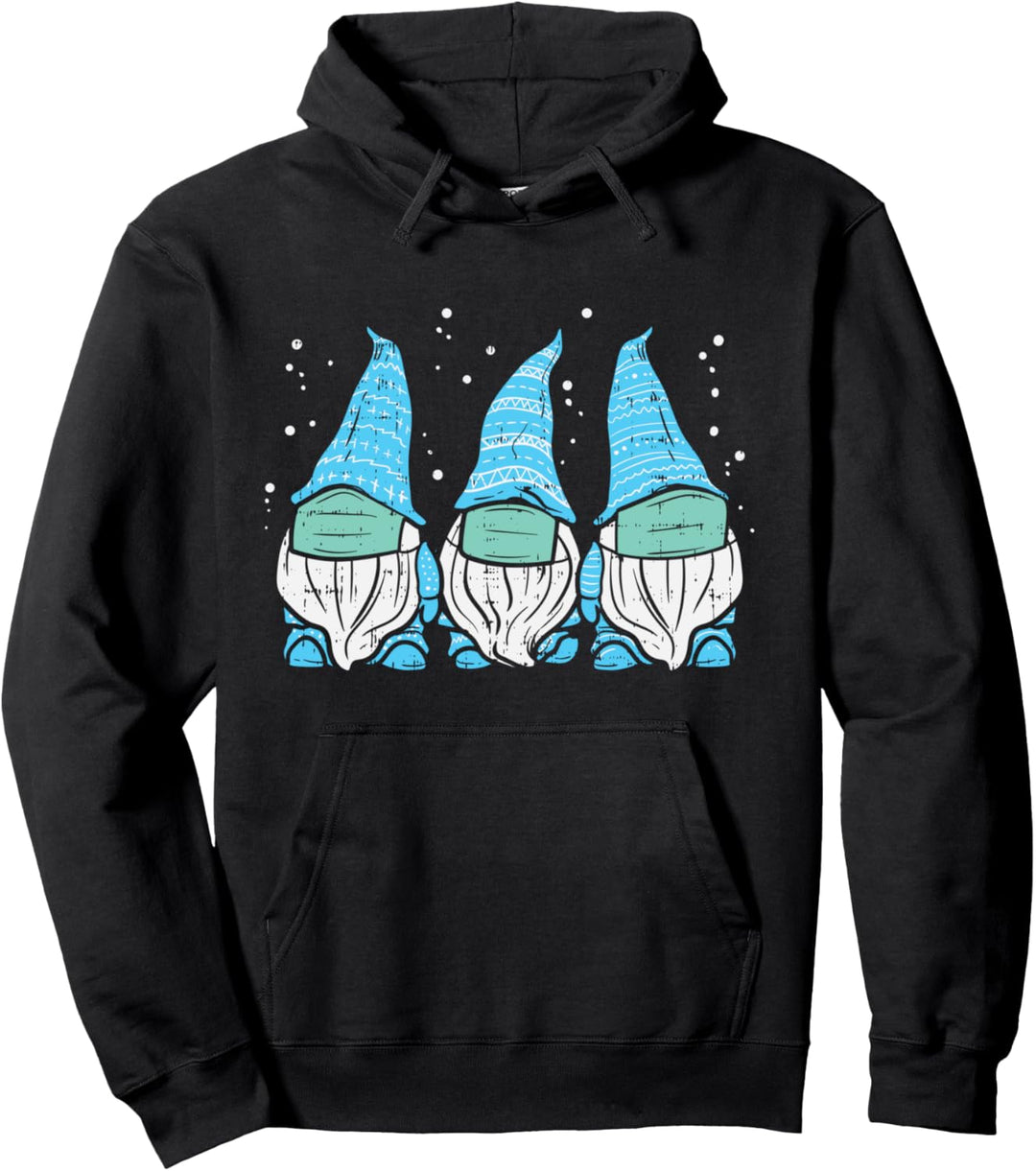 Three Nordic Gnomes In Mask Blue Christmas Quarantine Gift Pullover Hoodie
