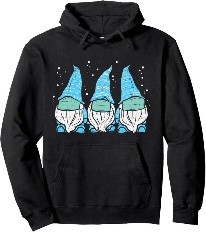 Three Nordic Gnomes In Mask Blue Christmas Quarantine Gift Pullover Hoodie