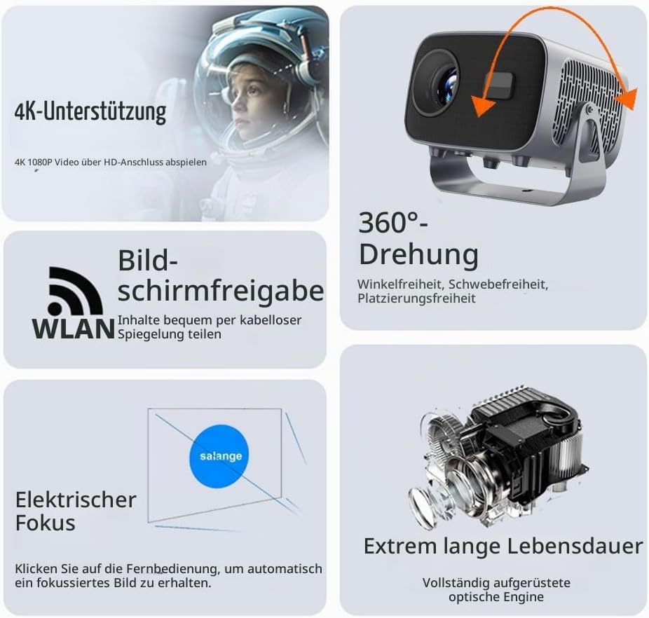 Smarter Projektor, Android 11-System, 1080P mit 4K-Unterstützung, Keystone-Korrektur, WiFi 6 &amp; Bluet